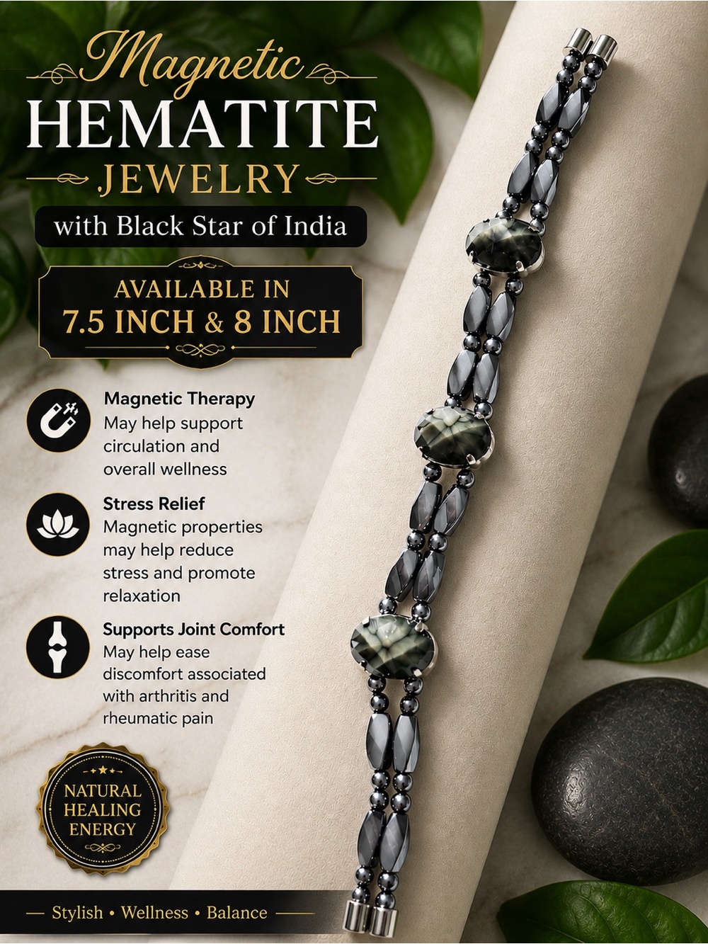 Magnetic Hematite Bracelet with Black Star Of India Stone